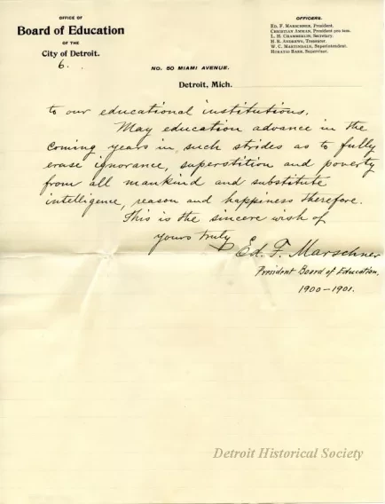 Letter - Progress of Public Education in Detroit in the 19th Century