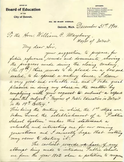 Letter - Progress of Public Education in Detroit in the 19th Century