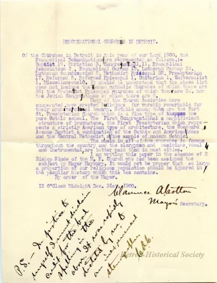 Letter - Denominational Churches in Detroit