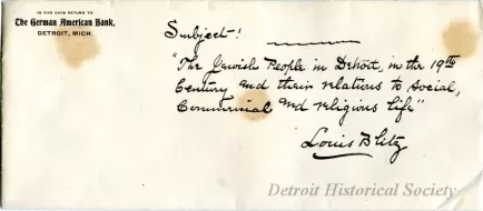 Envelope - The Jewish People in Detroit in the 19th Century and their relations to Social, Commercial and Religious Life