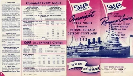 Booklet - D&C Lake Lines Low Cost All-Expense Romance Cruises to Mackinac Island, Harbor Springs, Georgian Bay, visit Buffalo and Niagara Falls.