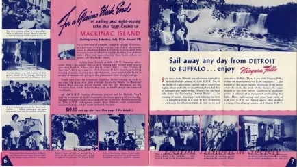 Booklet - D&C Lake Lines Low Cost All-Expense Romance Cruises to Mackinac Island, Harbor Springs, Georgian Bay, visit Buffalo and Niagara Falls.