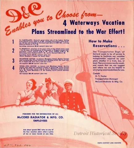 Brochure - Announcing D&C Lake Lines Waterway Vacations for War Workers