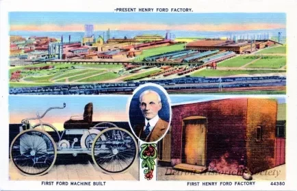 Postcard - Present Henry Ford Factory, First Ford Machine Built, First Henry Ford Factory. - Ford Motor Company