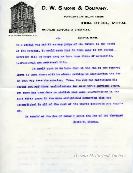 Letter - The Jewish People in Mercantile, Social, and Professional Life in Detroit