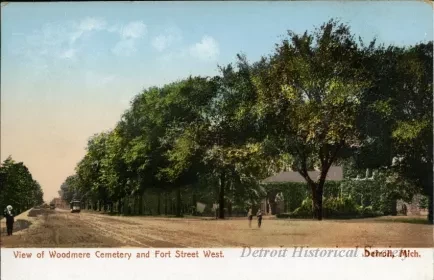 Postcard - View of Woodmere Cemetery and Fort Street West. Detroit Mich.