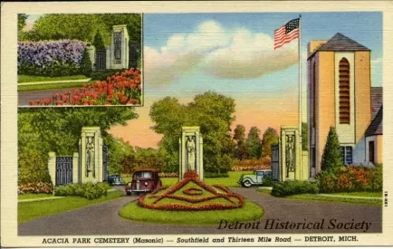 Postcard - Acacia Park Cemetery (Masonic) - Southfield and Thirteen Mile Road - Detroit, Mich.