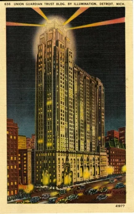 Postcard - Union Guardian Trust Bldg. by Illumination, Detroit, Mich.