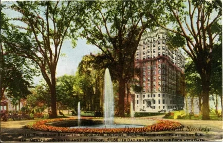 Postcard - Hotel Tuller and Beautiful Grand Circus Park, Detroit, Mich. A Delightful Home in the Summer. Center of Business and Fire-Proof. $1.50 per Day and Upward for Room with Bath.