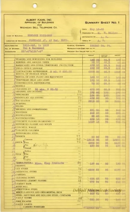 Binder, Post - Appraisal of Buildings for Michigan Bell Telephone Co. 
by Albert Kahn, Inc.