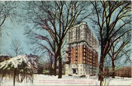Postcard - Hotel Tuller and beautiful Grand Circus Park, Detroit, Mich. A cosy home on a winter's eve. Center of business and fireproof. $1.50 per day and upwards for room with bath.