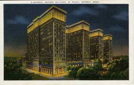 Postcard - General Motors Building at Night, Detroit, Mich.