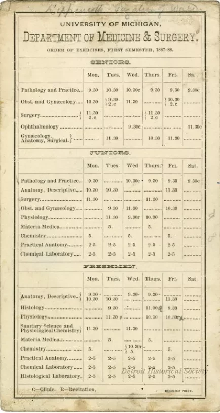 Calendar - University of Michigan Department of Medicine and Surgery Order of Exercises, First Semester, 1887-88.