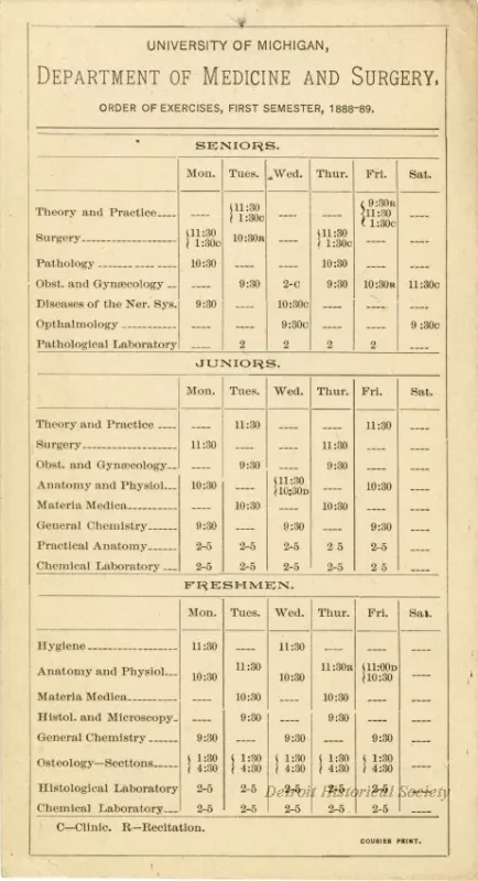 Calendar - University of Michigan Department of Medicine and Surgery Order of Exercises, First Semester, 1888-89.