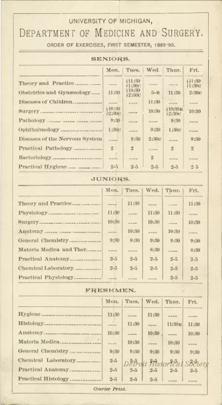 Calendar - University of Michigan Department of Medicine and Surgery Order of Exercises, First Semester, 1889-90.