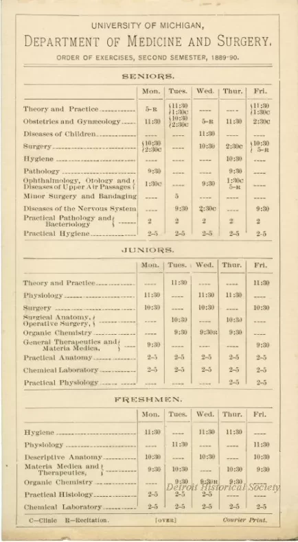 Calendar - University of Michigan Department of Medicine and Surgery Order of Exercises, Second Semester, 1889-90.