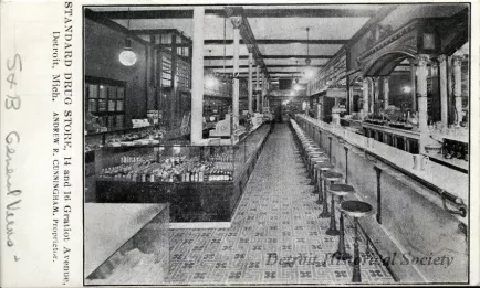 Postcard - Standard Drug Store, 14 and 16 Gratiot Avenue, Detroit, Mich. Andrew R. Cunningham, Proprietor.