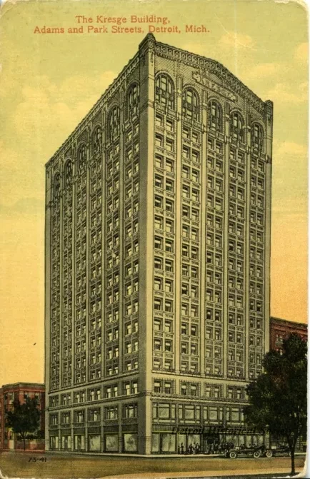 Postcard - The Kresge Building, Adams and Park Streets, Detroit, Mich.