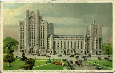 Postcard - New Masonic Temple, Temple Avenue and Second Boulevard, Detroit, Michigan.