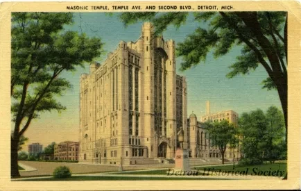 Postcard - Masonic Temple, Temple Ave. and Second Blvd., Detroit, Mich.