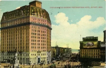 Postcard - Campus Martius Showing Pontchartrain Hotel, Detroit, Mich.