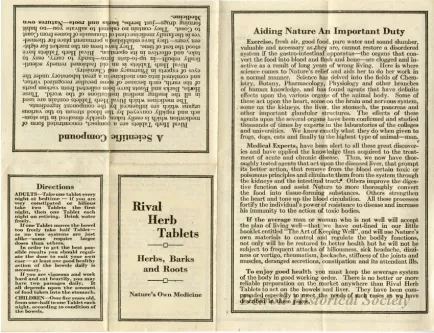 Instruction Sheet - Rival Herb Tablets; Herbs, Barks and Roots; Nature's Own Medicine