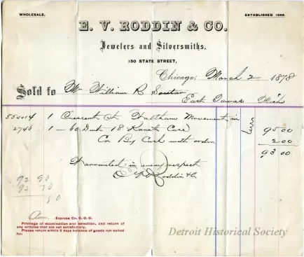Receipt - E. V. Roddin & Co.
Jewelers and Silversmiths