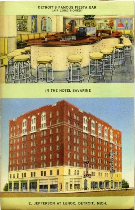Postcard - Detroit's Famous Fiesta Bar (Air Conditioned) in the Hotel Savarine, E. Jefferson at Lenox, Detroit, Mich. - The Hotel Savarine