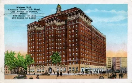Postcard - Webster Hall, America's Finest Club Hotel, Cass Avenue at Putnum, Detroit. 600 Rooms for Men, 200 Rooms for Ladies.