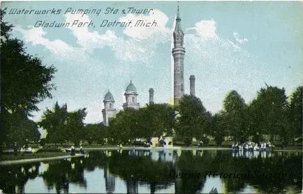 Postcard - Waterworks Pumping Sta. & Tower, Gladwin Park, Detroit, Mich. - Waterworks Pumping Sta. & Tower, Gladwin Park, Detroit, Mich.