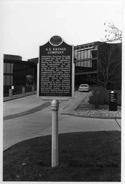 Print, Photographic - Marker in front of the main entrance of the Kresge International Headquarters