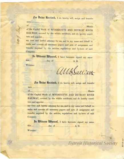 Certificate, Stock - Wyandotte & Detroit River