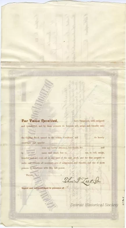 Certificate, Stock - Detroit, Fort Wayne, & Belle Isle Stock