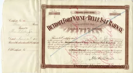 Certificate, Stock - Detroit, Fort Wayne, & Belle Isle Stock