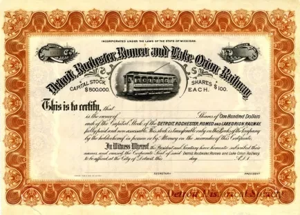 Certificate, Stock - Detroit, Rochester, Romeo & Lake Orion Railway