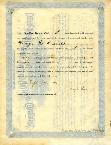 Certificate, Stock - Detroit Citizens Street Railway Company