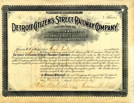 Certificate, Stock - Detroit Citizens Street Railway Company
