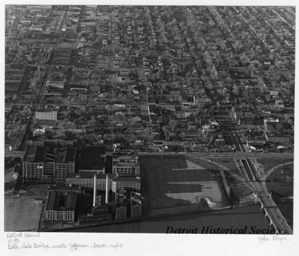 Print, Photographic - Detroit Aerial; Belle Isle Bridge meets Jefferson, lower Right