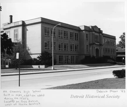 Print, Photographic - Mt. Clemens High School; Built in 1924, addition added during the 1960's. Located on Cass Avenue, west of North Gratiot.