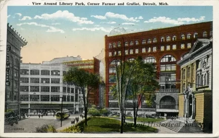 Postcard - View Around Library Park, Corner Farmer and Gratiot, Detroit, Mich.
