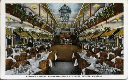 Postcard - Marigold Gardens, Woodward Avenue at Forest, Detroit, Michigan.