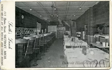 Postcard - Smith's Lunch, 111 Bates Street, Detroit, Mich.
Good Meals at All Hours and Good Rooms.