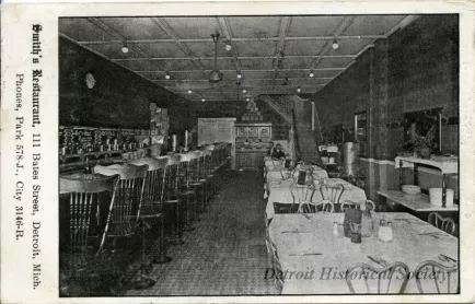 Postcard - Smith's Restaurant, 111 Bates Street, Detroit, Mich.
Phones, Park 578-J, City 3146-R.
