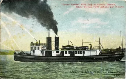 Postcard - "James Battle" Fire Tug in Action, Detroit, Mich. throws 7,500 gallons per minute.