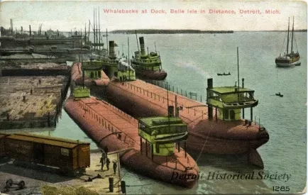 Postcard - Whalebacks at Dock, Belle Isle in Distance, Detroit, Mich.
