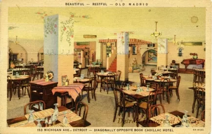 Postcard - Beautiful - Restful - Old Madrid
153 Michigan Ave., Detroit - Diagonally Opposite Book Cadillac Hotel