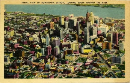 Postcard - Aerial View of Downtown Detroit, Looking South Toward the River.