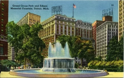 Postcard - Grand Circus Park and Edison Memorial Fountain, Detroit, Mich.