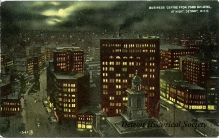 Postcard - Business Centre from Ford Building, at Night, Detroit, Mich.