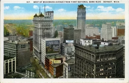 Postcard - West of Woodward Avenue from First National Bank Bldg., Detroit, Mich.